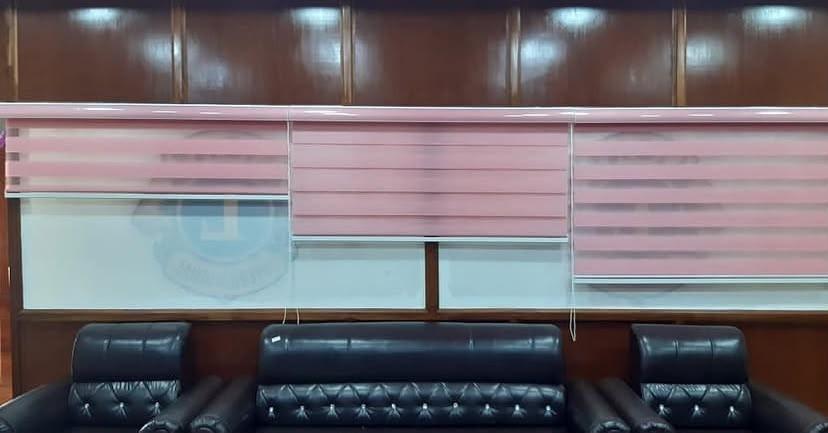Close-up of pink zebra blinds