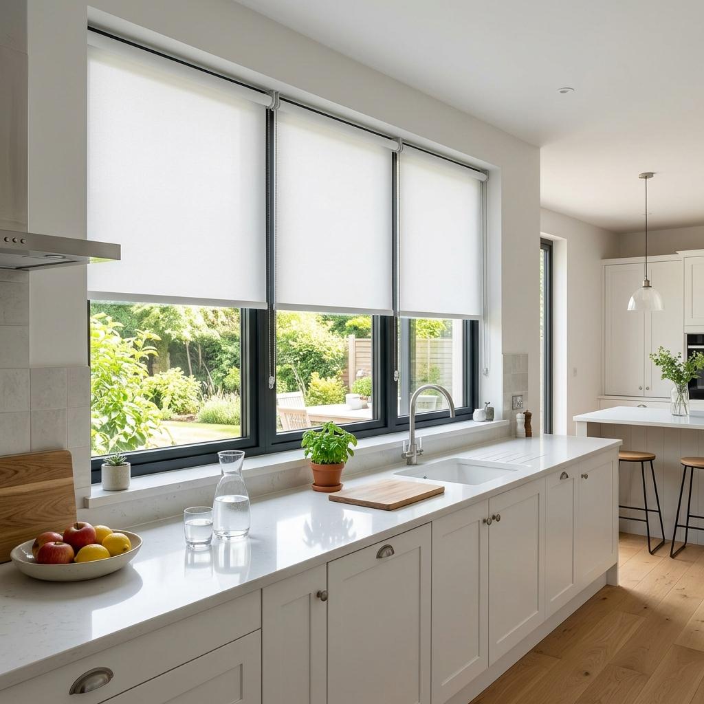 White PVC roller blinds in a bright room